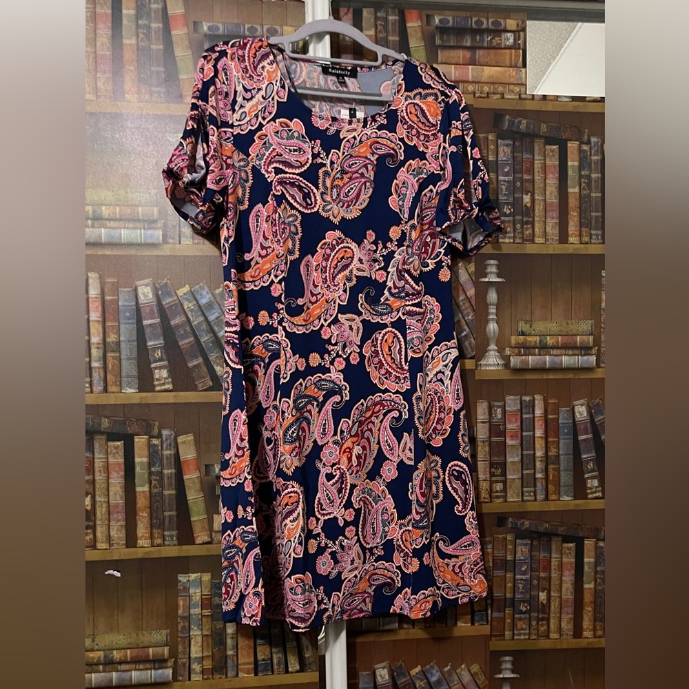 Relativity Blue and Orange A-line Puff Sleeve Dress - Picture 2 of 5